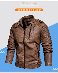 Detailed close-up of brown PU leather jacket featuring quilted shoulder pads and stand collar