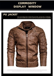 Detail of men's brown PU leather jacket featuring stand collar and quilted shoulder stitching
