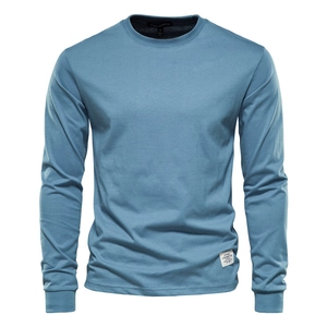 Men Cotton Casual Long Sleeve T-Shirt Loose Fit Round Neck Top With Applique Decor Ribbed Cuffs Comfortable Basic Tee