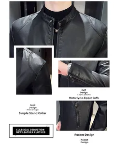 Detail view of men's biker PU jacket showing stand collar and quilted shoulder stitching