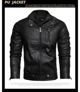 Close-up of black PU leather jacket featuring a stand collar and metallic button detailing