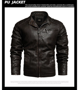 Detail of stand-up collar with snap button and zipper pocket on brown PU jacket