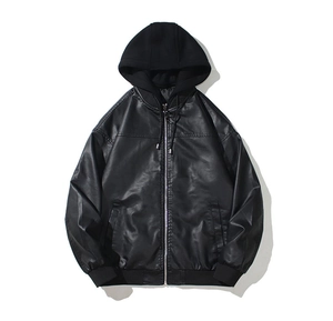 Detail view of black PU motorcycle jacket with knitted drawstring hood and ribbed cuffs
