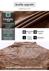 Detail of brown PU leather jacket featuring diamond quilted stitching on the shoulder area