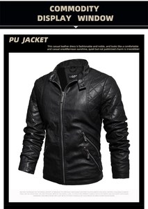 Detail of black PU leather jacket featuring stand collar and diamond quilted shoulders