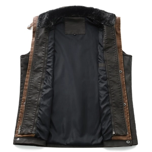 Men's retro PU leather vest featuring a detachable fur collar and multi-zipper details
