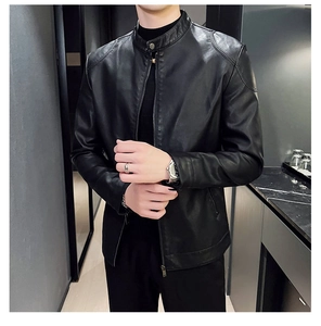 Detailed close-up of men's black PU leather biker jacket collar with metal snap button