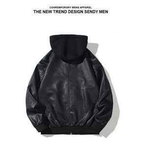 Back view of men's black hooded PU leather jacket with ribbed cuffs and trendy design
