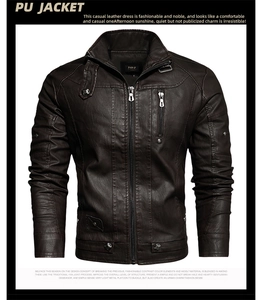 Close-up of brown PU leather jacket with vintage texture, metal zippers and stand collar