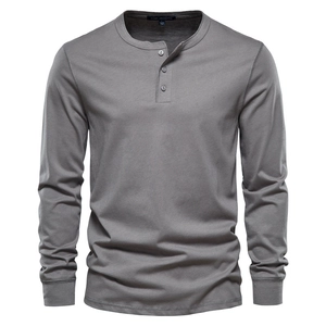 Men's casual long sleeve grey henley shirt with three buttons and premium cotton texture