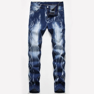 Men's straight leg denim jeans featuring unique artistic white washed flame texture