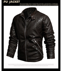 Macro shot of dark brown PU leather jacket featuring quilted shoulder pads and stand collar