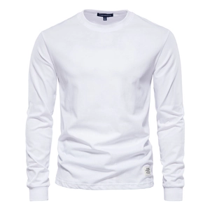 Classic men's white long-sleeve crew neck cotton t-shirt with ribbed cuffs and brand label
