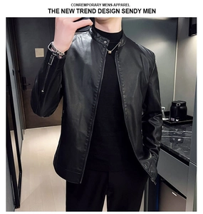 Detail view of motorcycle PU leather jacket showing stand collar and metal zipper on cuff