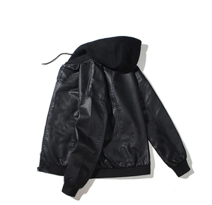 Detailed flat lay of a black hooded faux leather biker jacket with ribbed cuffs and hem