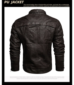 Detailed back view of men's brown PU leather biker jacket showing stitching and zipper cuff