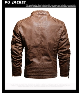 Detail view of the quilted stitching on the back of this brown slim fit men's PU jacket