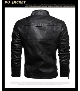 Detail view of the back of a black PU leather motorcycle jacket with stand collar and zipper