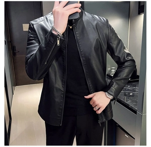Detail view of the sleek metal zipper and standing collar on this men's moto PU jacket