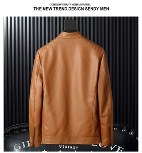 Detail of brown PU leather jacket featuring ribbed shoulder design and metal cuff zippers