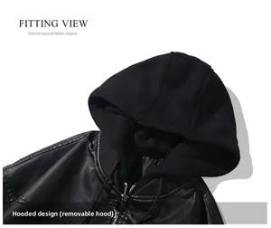 Detail view of men's leather jacket featuring a removable black knitted hood with zipper