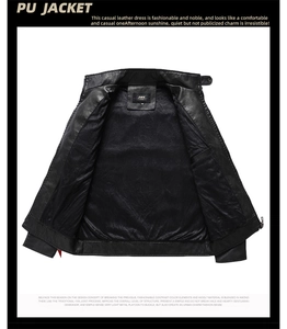 Detail of men's PU leather jacket with stand collar and warm black fleece lining texture