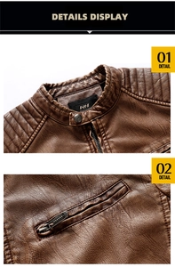 Detail view of brown PU leather jacket featuring stand collar and quilted shoulder seams