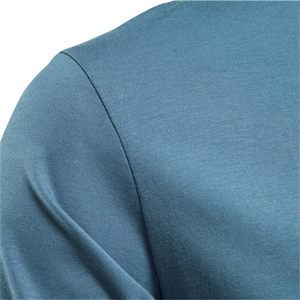 Men's blue long sleeve crew neck t-shirt showing shoulder seams and collar detail