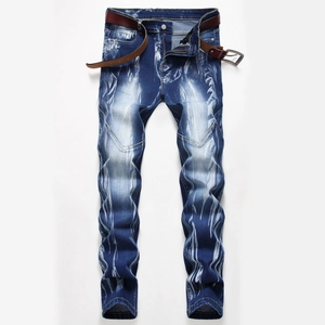 Men's Cotton Denim Washed Faded Jeans Straight Leg 3D Wrinkled Biker Style Streetwear Casual Durable Long Pants For Men