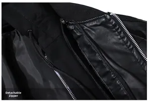 Detailed macro view of the detachable zipper structure and fabric on the men's black PU jacket
