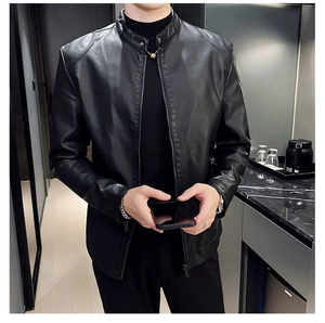 Close-up of men's black PU leather motorcycle jacket with stand collar and zipper detail