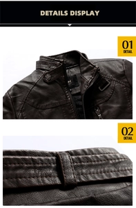 Detail of dark brown PU leather jacket featuring stand collar with snap and stitched texture