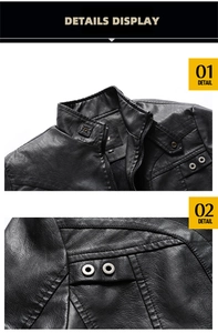 Detail view of the stand-up collar and shoulder stitching on a black faux leather jacket