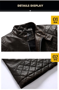 Detail view of brown faux leather jacket featuring stand collar and diamond quilted patterns