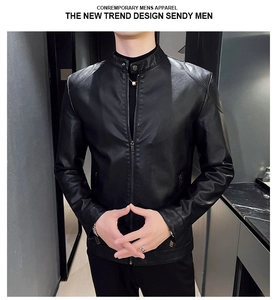 Close-up of retro black PU leather motorcycle jacket with stand collar and zipper detail