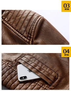 Detail of brown PU leather jacket showing shoulder quilting and flap pocket craftsmanship