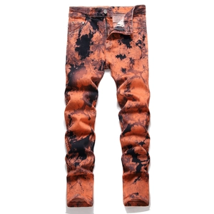Jeans Slim Fit Tie-dye da Uomo High Street Arancione Nero Motivo a Spruzzo Cotone Lavato Denim Pantaloni Lunghi per Streetwear Casual
