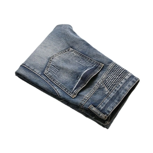 Men's retro motorcycle jeans in dark blue wash with accordion pleats and back pockets