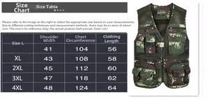 Size guide for men's outdoor fishing vest with multi-pocket camouflage mesh design