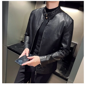 Detail shot of men's black PU leather biker jacket with stand collar and fine stitching