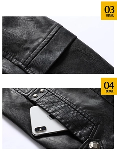 Detail of pebbled PU leather jacket showing stitching and large pocket capacity