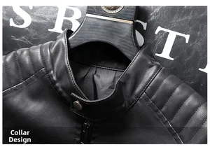 Detail of mandarin collar with metal snap and quilted shoulder on black faux leather jacket