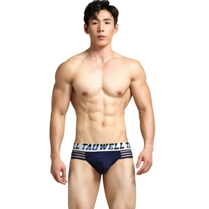 Men's sexy low-rise striped briefs in deep blue with breathable side mesh panels