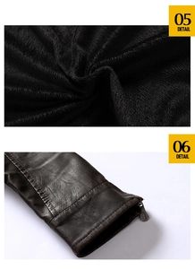 Detail of warm black fleece lining and zipper cuffs on dark brown faux leather jacket