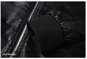 Detailed close-up of ribbed knit cuffs and silver zipper on men's black PU leather jacket