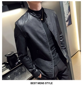 Detail of premium PU leather grain and motorcycle style stitching on men's jacket