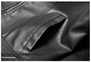 Macro view of pocket stitching and pebble grain texture on black PU leather jacket