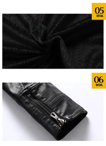 Detail view of the black leather jacket featuring warm plush lining and metal cuff zipper