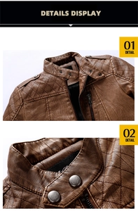 Macro detail of men's brown leather biker jacket collar and diamond quilted shoulders