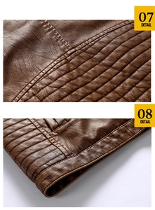 Macro shot of dark brown PU leather jacket featuring neat quilting and fine texture details